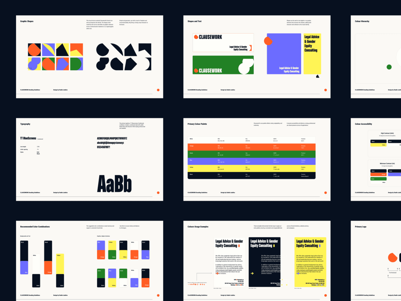Nine-slide grid shows a colourful design system: abstract shapes, fonts, colour swatches, data tables, accessibility tips, layouts on dark.