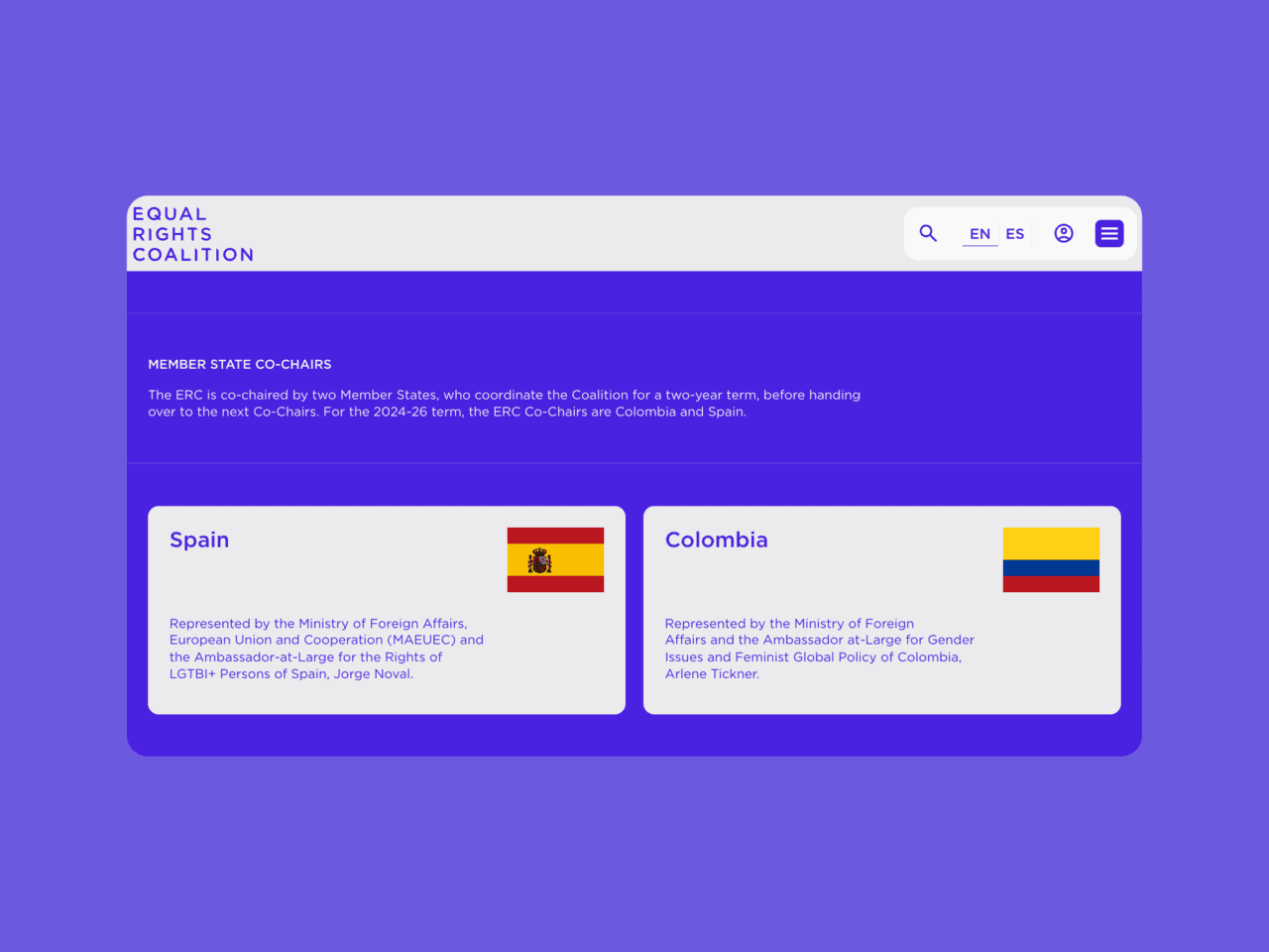 Equal Rights Coalition website page with Spain and Colombia flags, co-chair info, purple background, white main section.