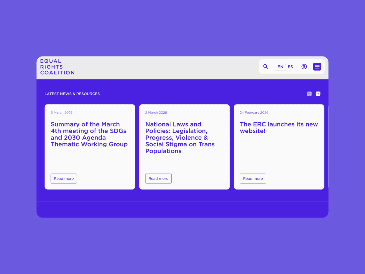 Equal Rights Coalition web page with purple background, news cards on SDGs and trans rights, plus language options and search button.
