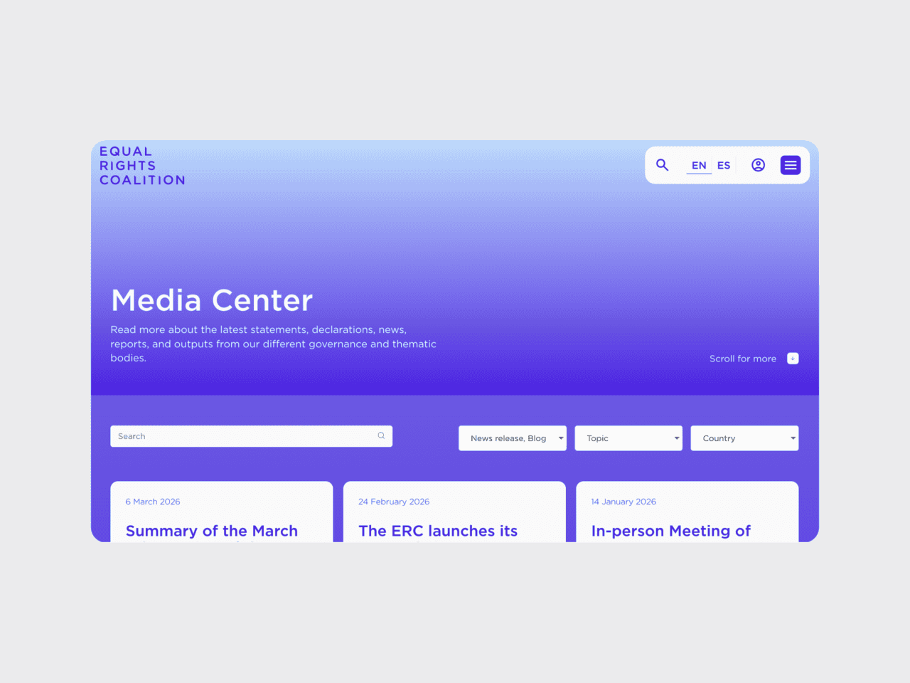Screenshot of Equal Rights Coalition Media Centre site with search bar, filters, language selector, news previews on blue gradient background.