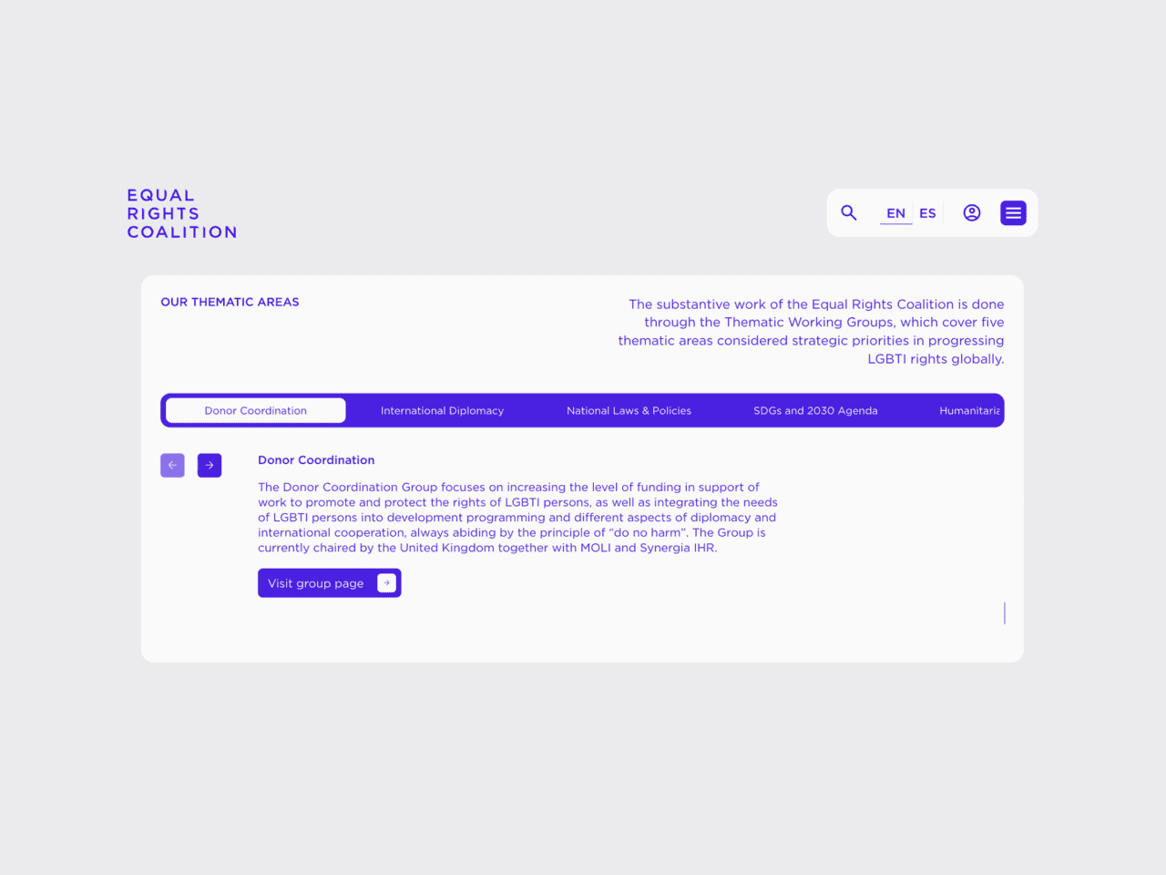 Equal Rights Coalition web page showing Donor Coordination selected, human rights info, blue Visit group page button, and language options.
