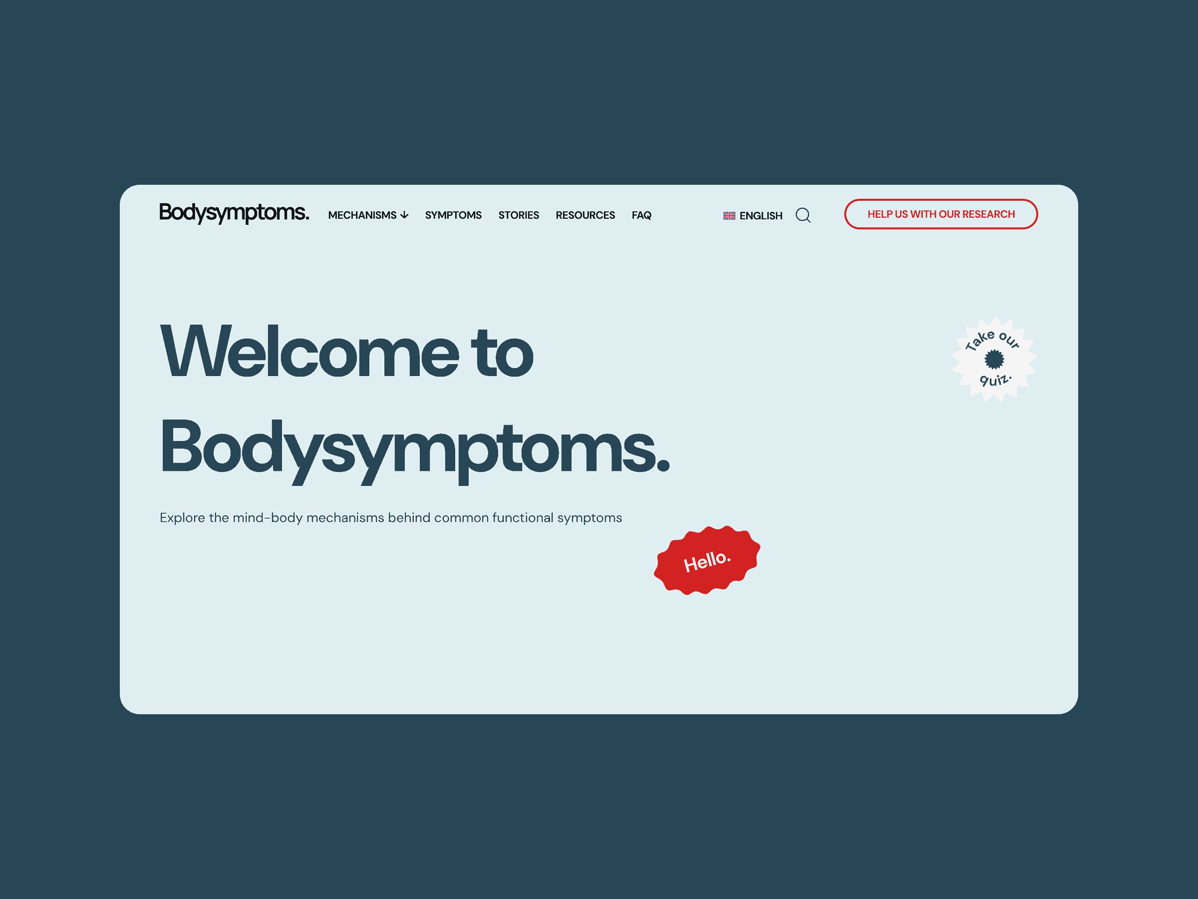 Homepage of Bodysymptoms with dark blue background, bold greeting text, and a playful red "Hello." sticker displayed.