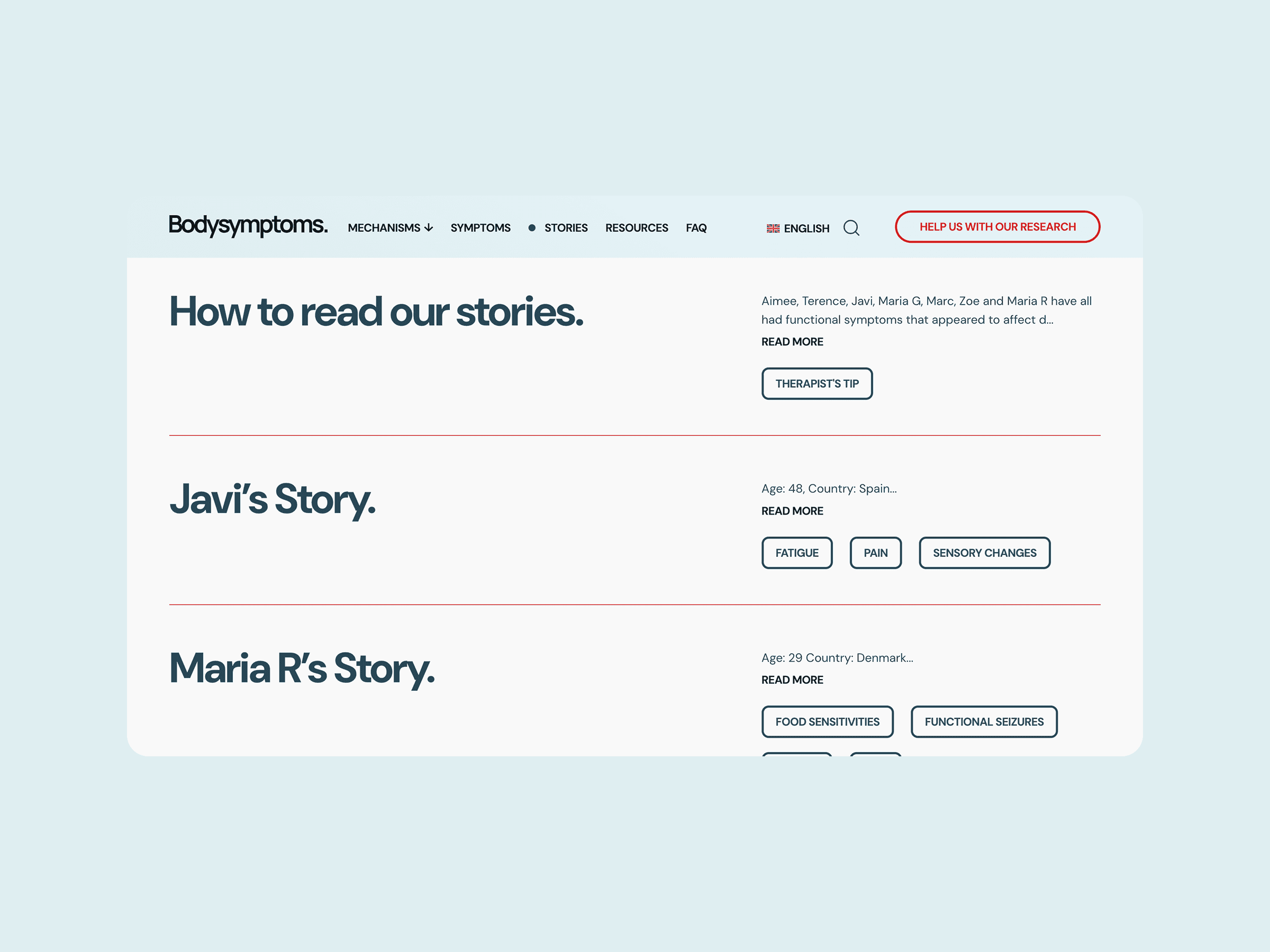 Webpage titled How to read our stories, with Javi’s and Maria R’s symptoms shown as clickable tags: fatigue, pain, sensory changes, food sensitivities, functional issues.
