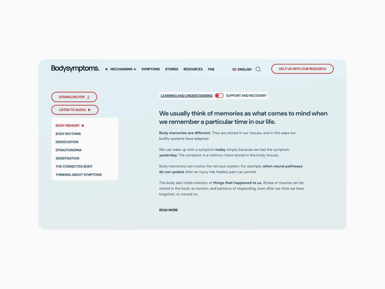 Bodysymptoms.com webpage on body memory; left menu with topics like dissociation, top buttons to download, listen, or join research.