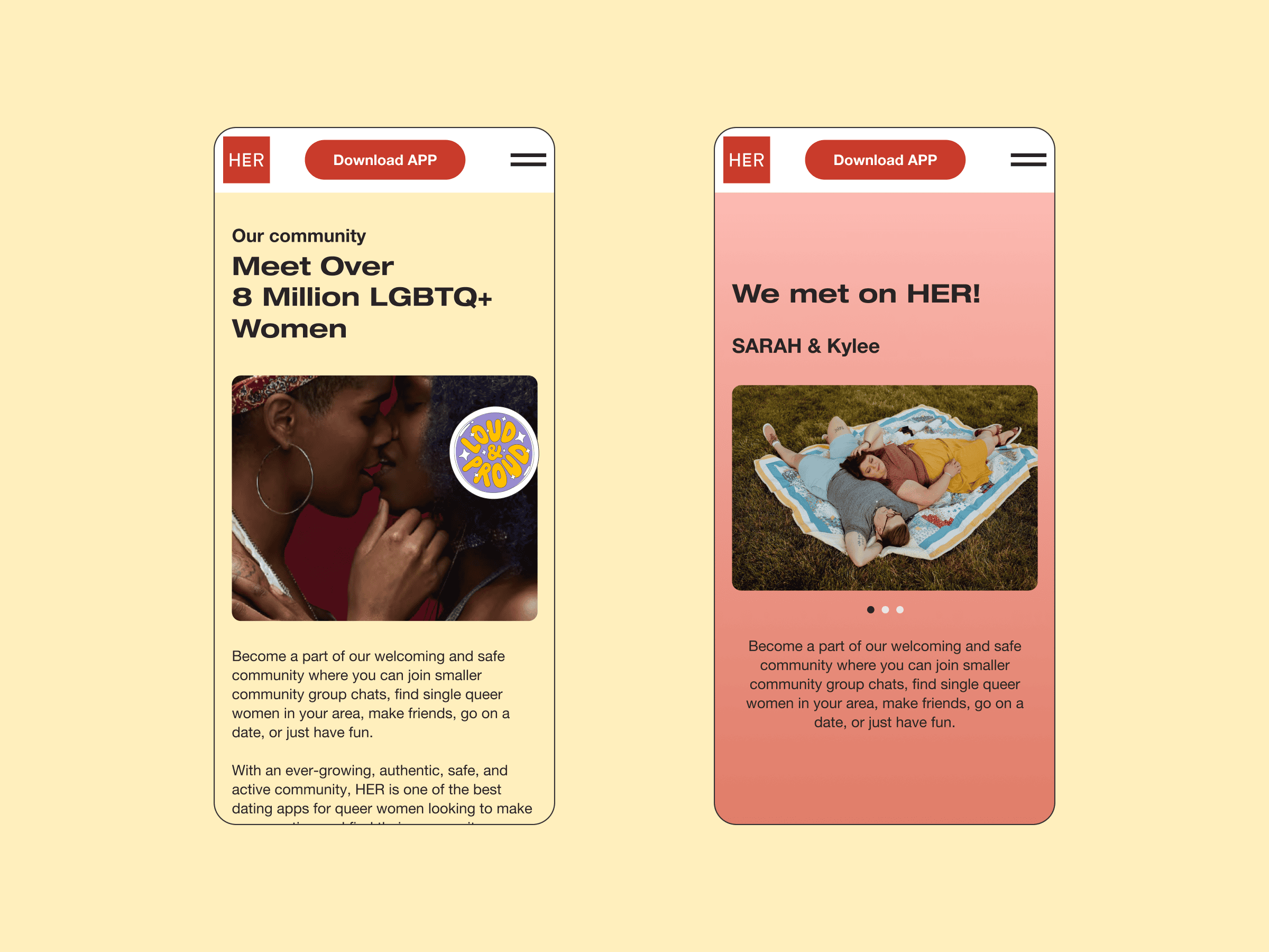 Two mobile screens show the HER dating app site with LGBTQ+ couples, inclusive headlines, and download buttons on a pale yellow background.