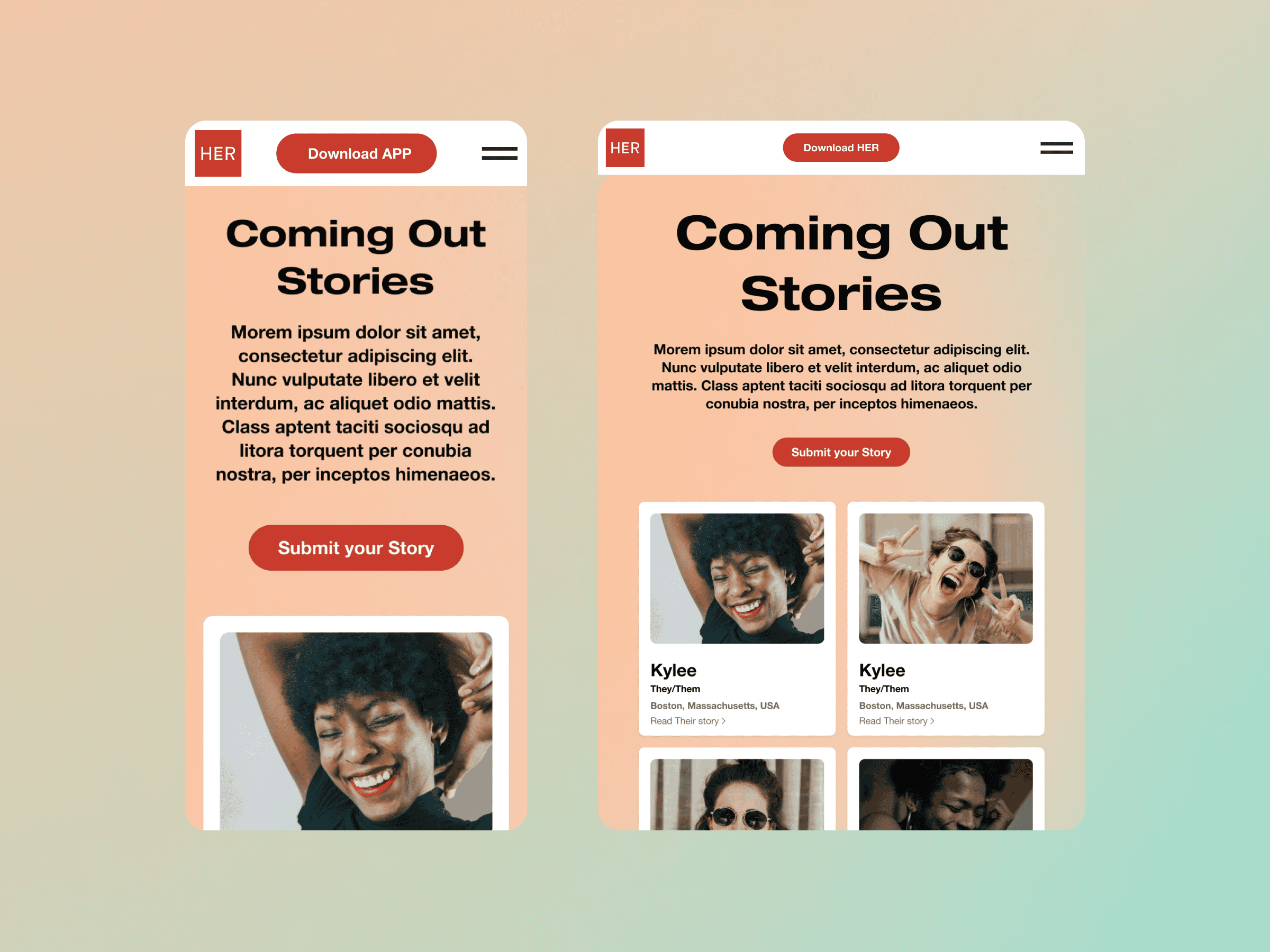 Two mobile app screens show Coming Out Stories with a headline, description, submit button, and user stories featuring photos and names.