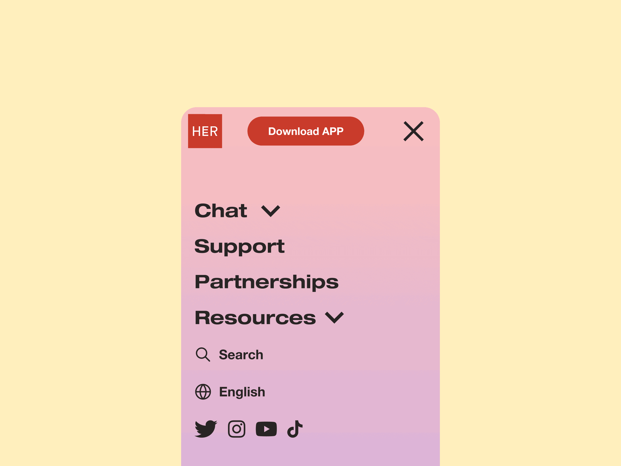 Mobile menu with pink gradient background, buttons for Chat, Support, Partnerships, Resources, Search and language; social media icons below.