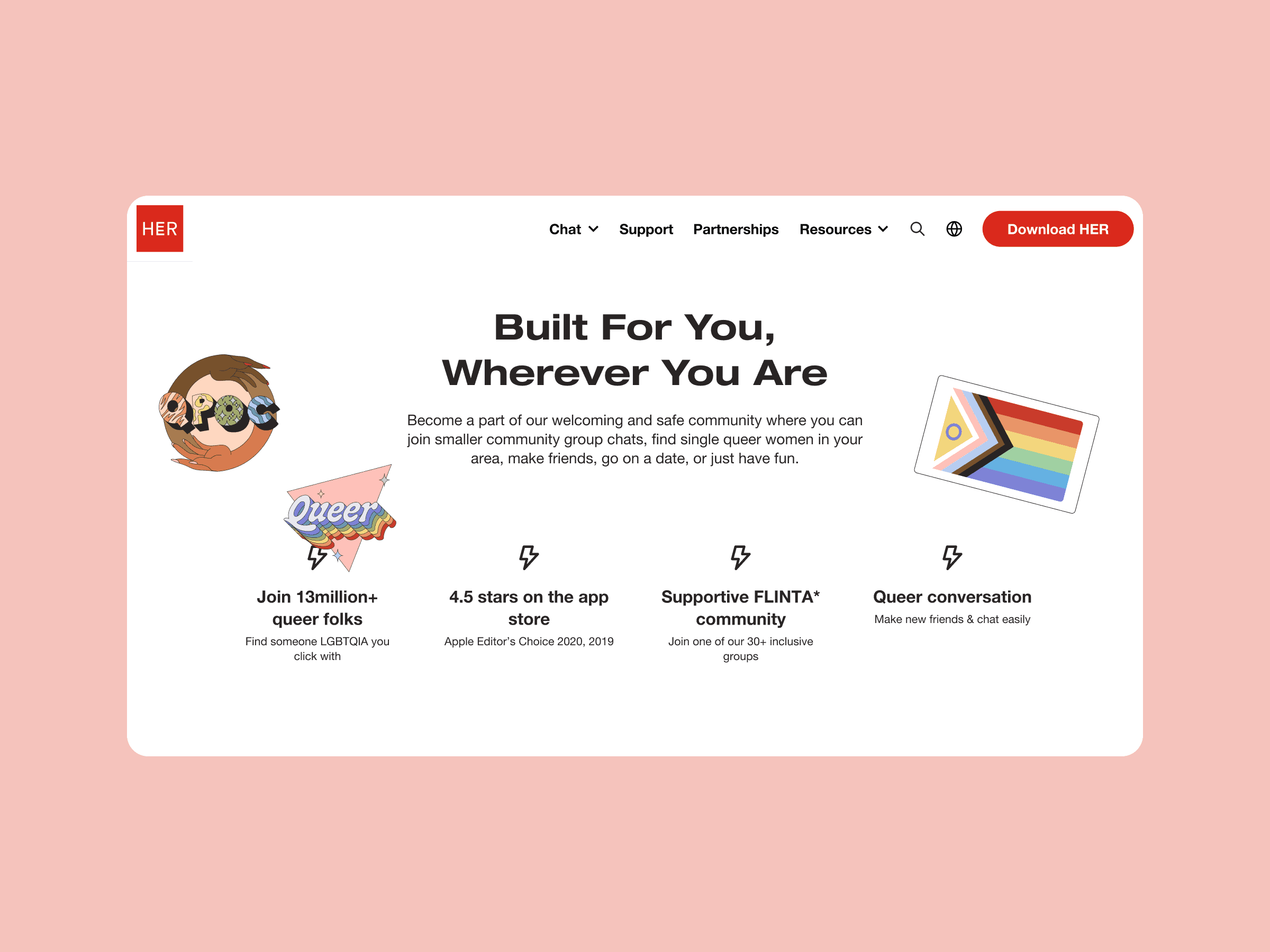 Screenshot of HER app site with icons for LGBTQIA+ groups, 4.5-star rating, supportive queer community, plus Progress Pride flag.