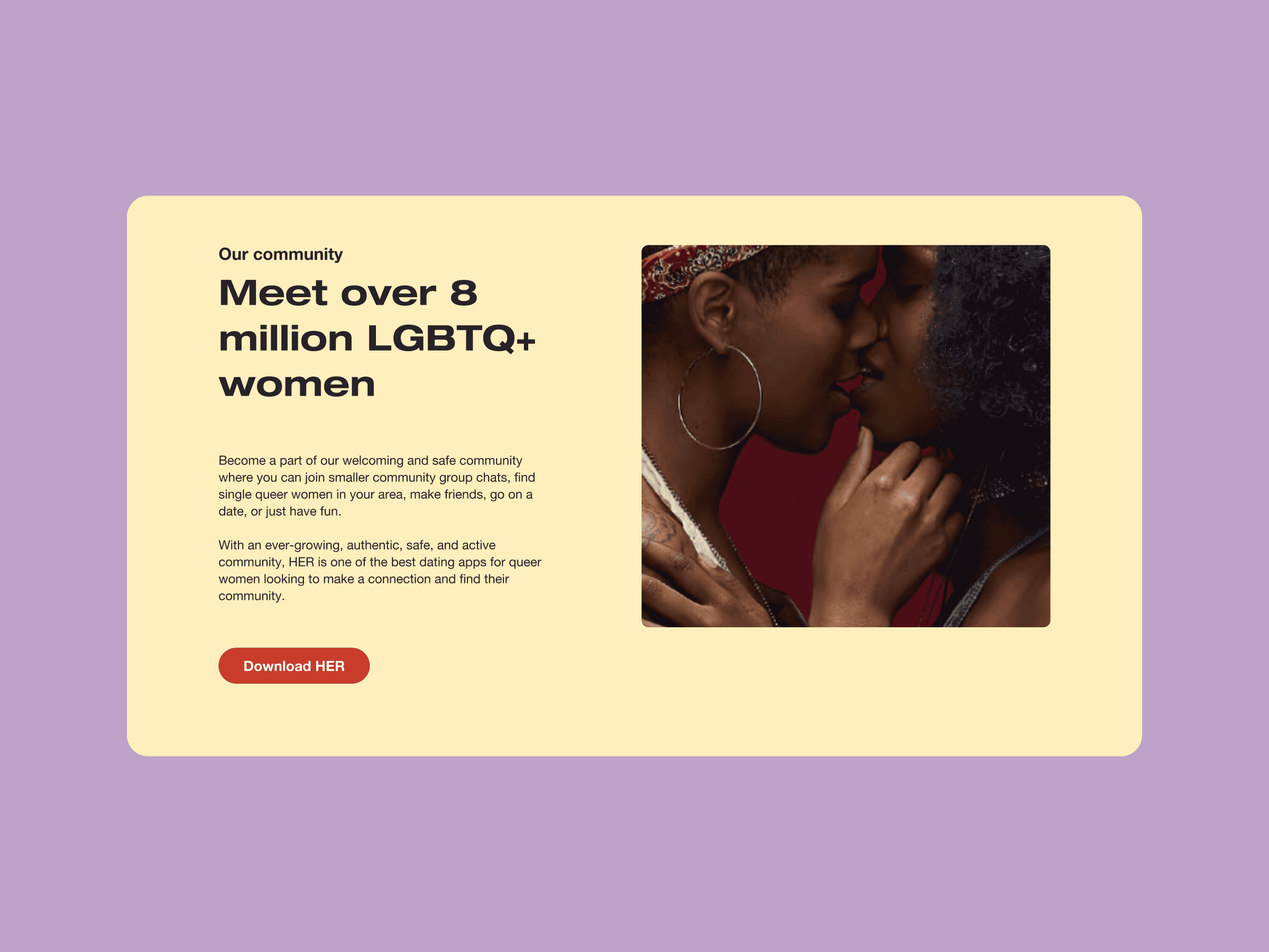 LGBTQ+ women’s community promo with two women touching foreheads, “Download HER” button, on a soft yellow background.
