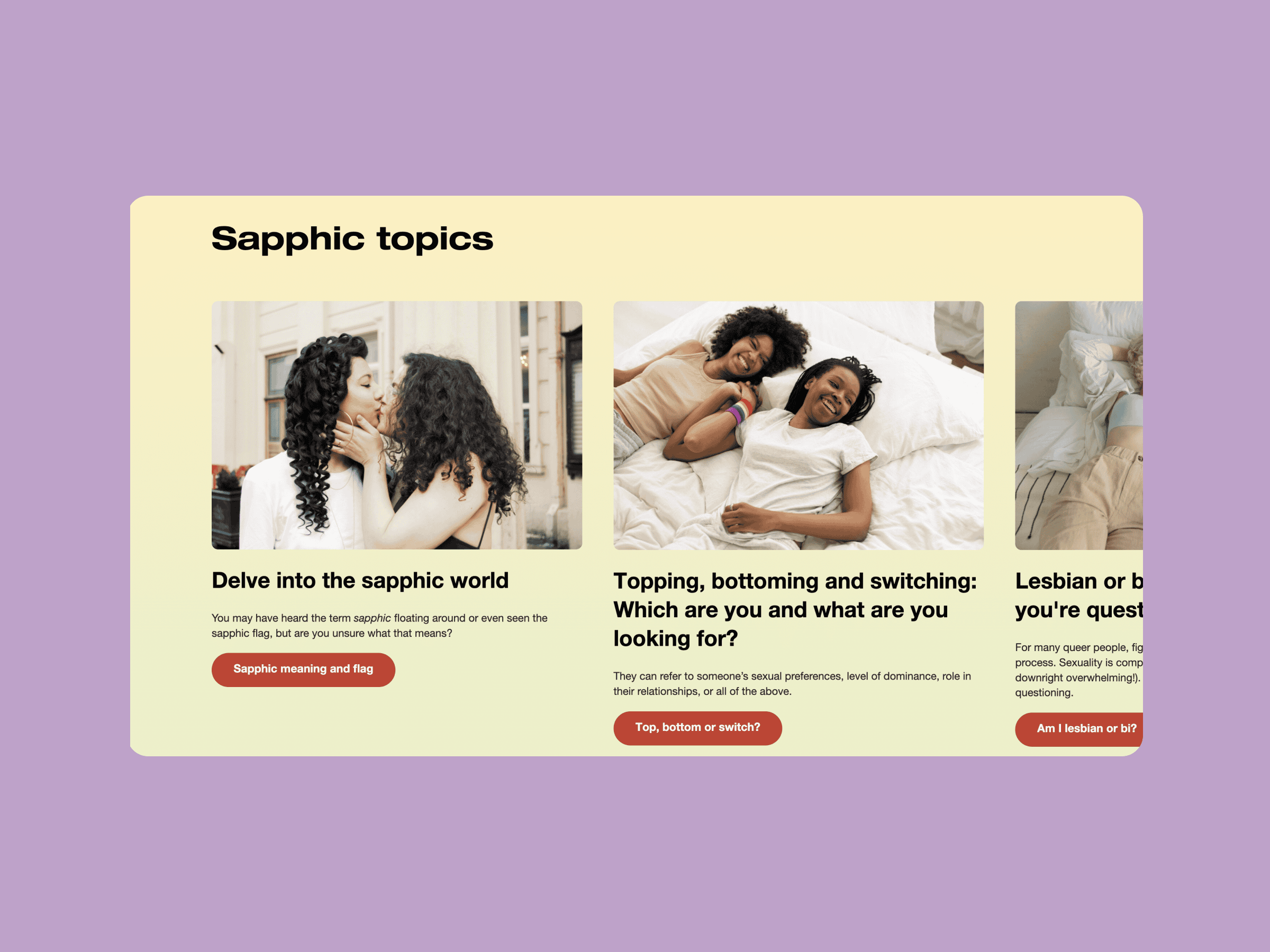Sapphic topics webpage shows three cards: women kissing, women smiling on a bed, and a pair sitting close. Each has a headline and red button.