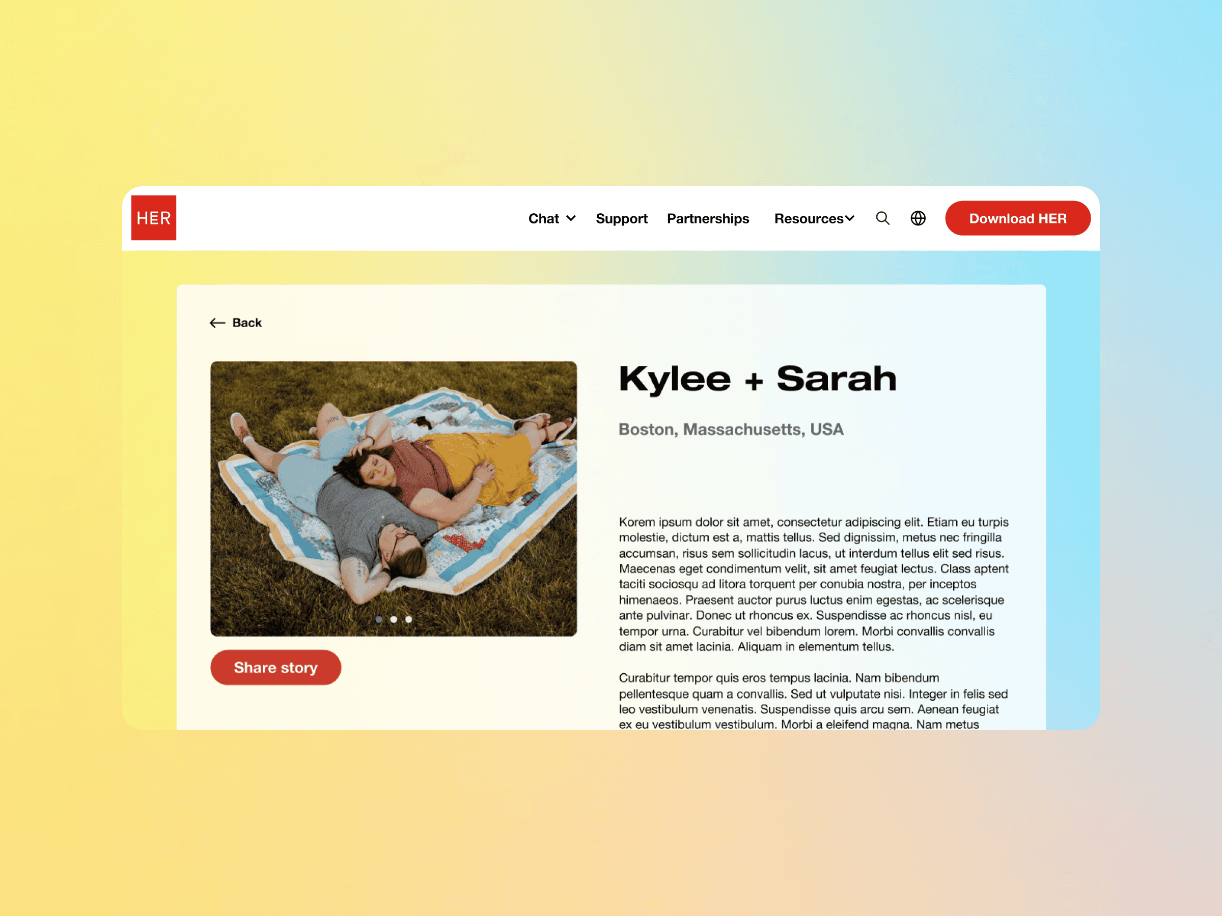Web page with Kylee and Sarah on a blanket outdoors, Boston MA listed, placeholder story, red Share story button, pastel gradient background.