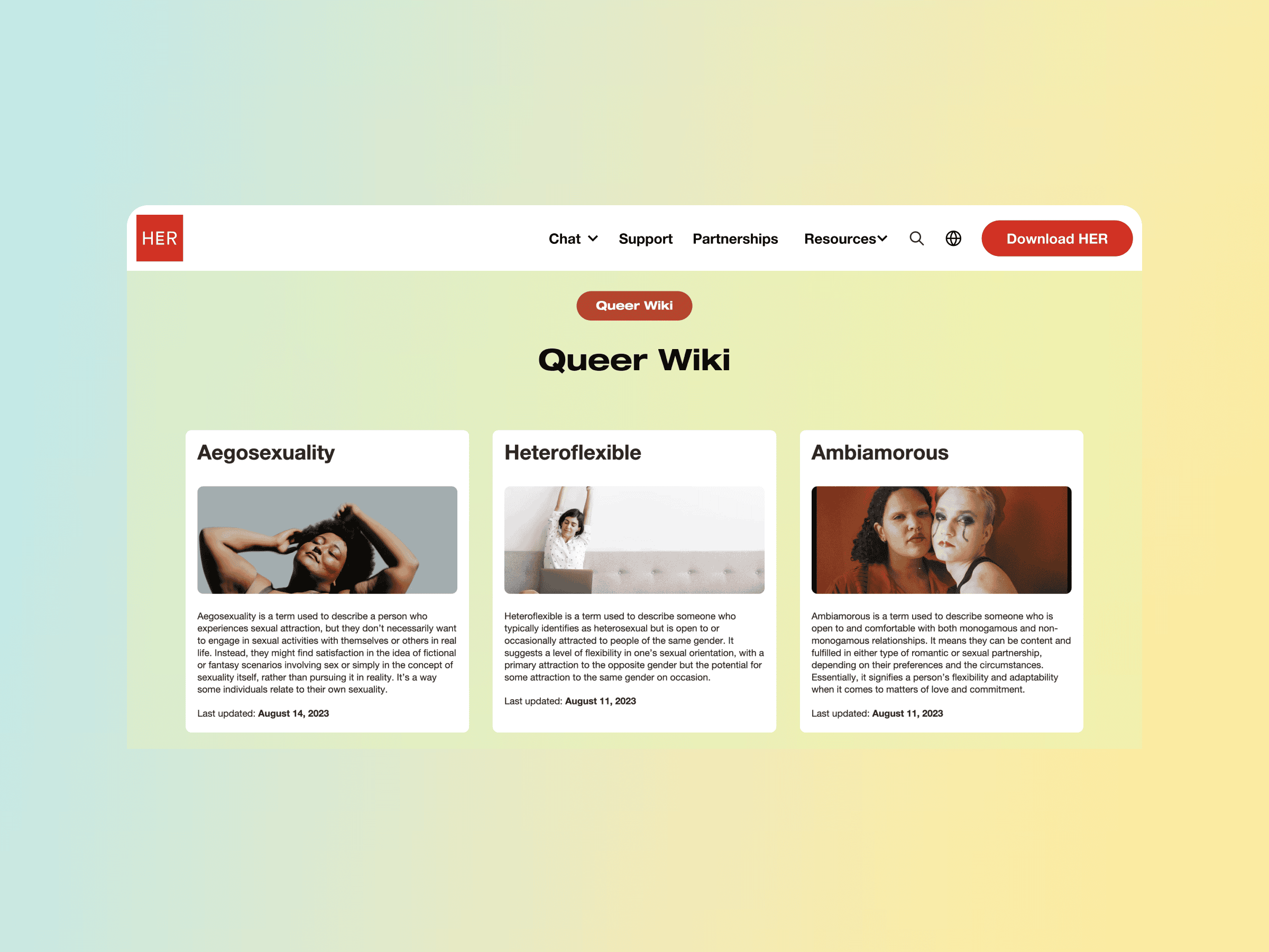 Queer Wiki screenshot with aegosexuality, heteroflexible, and ambiamorous definitions beside icons on a yellow-green gradient background.