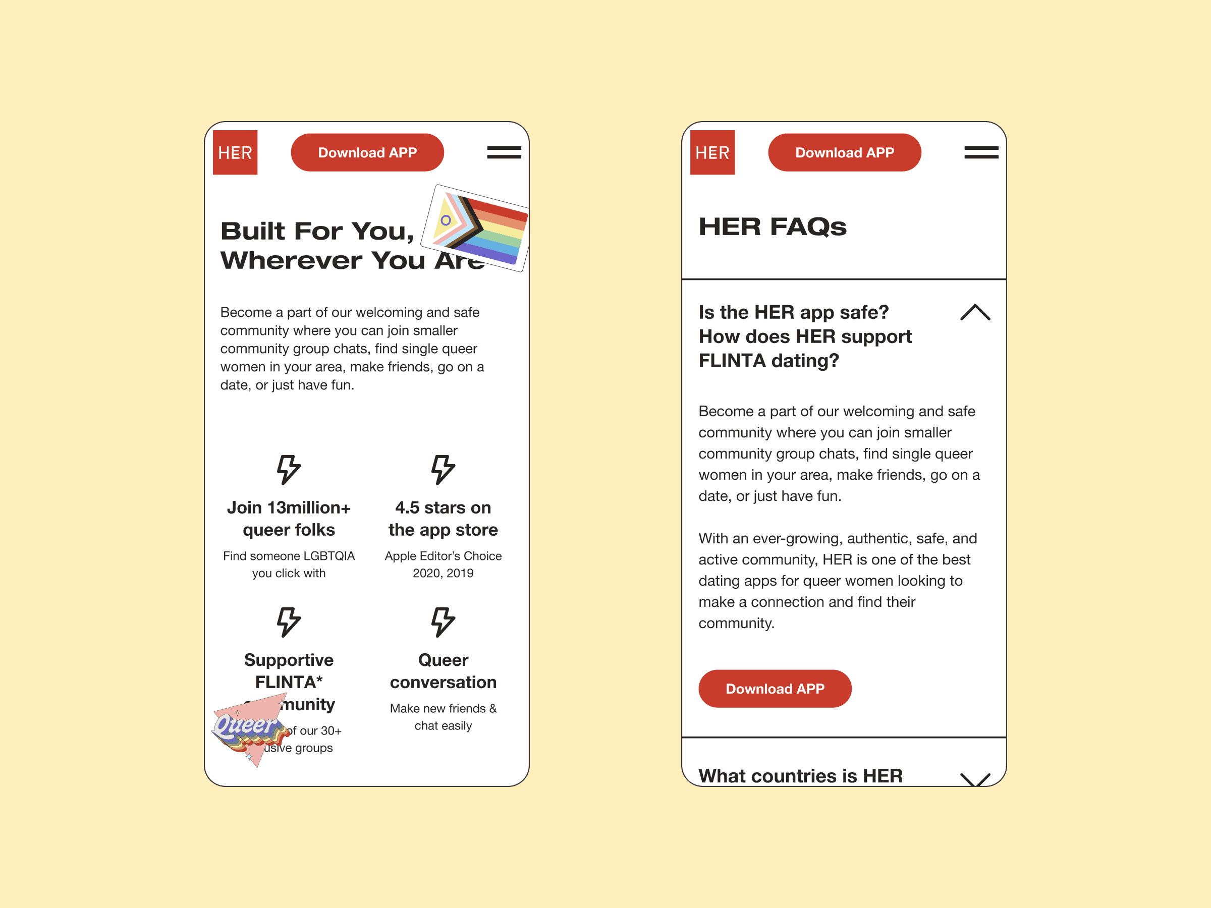 Two smartphones display the HER dating app: left shows LGBTQ+ community and safety features, right displays safety tips and queer FAQs.
