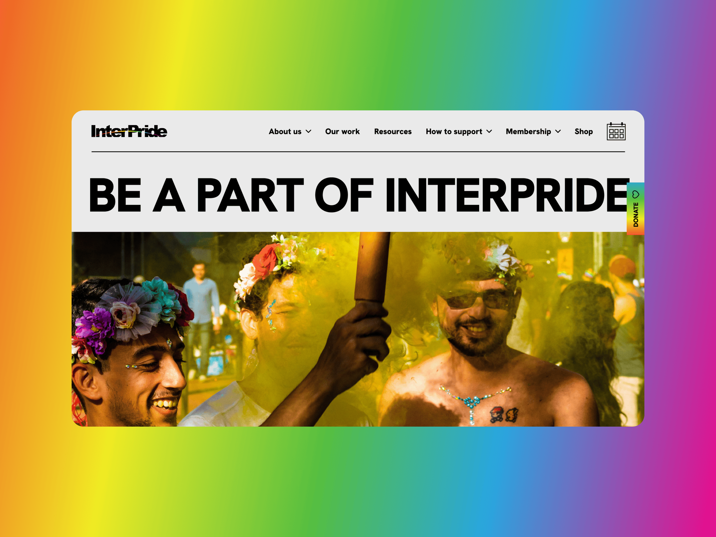 InterPride website banner with people celebrating, tossing colourful powder, flowers and sunglasses, rainbow gradient background, text: BE A PART OF INTERPRIDE.