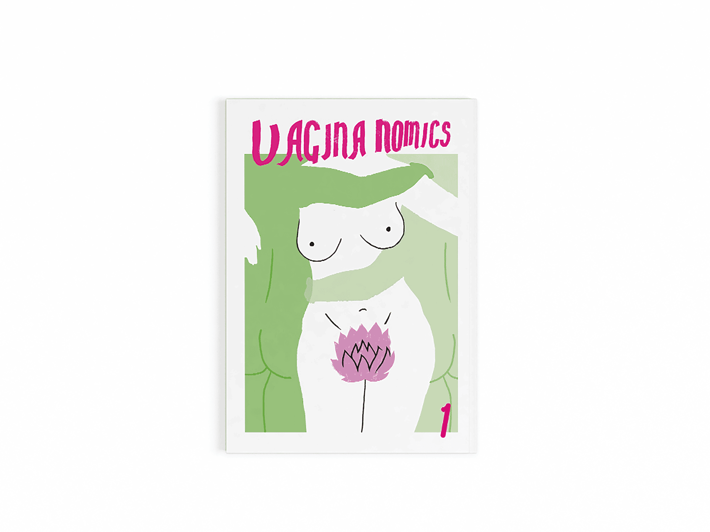 Book cover for VAGINANOMICS with playful art of a nude torso, a pink flower at the pelvis, soft green-pink tones, and 1 bottom right.