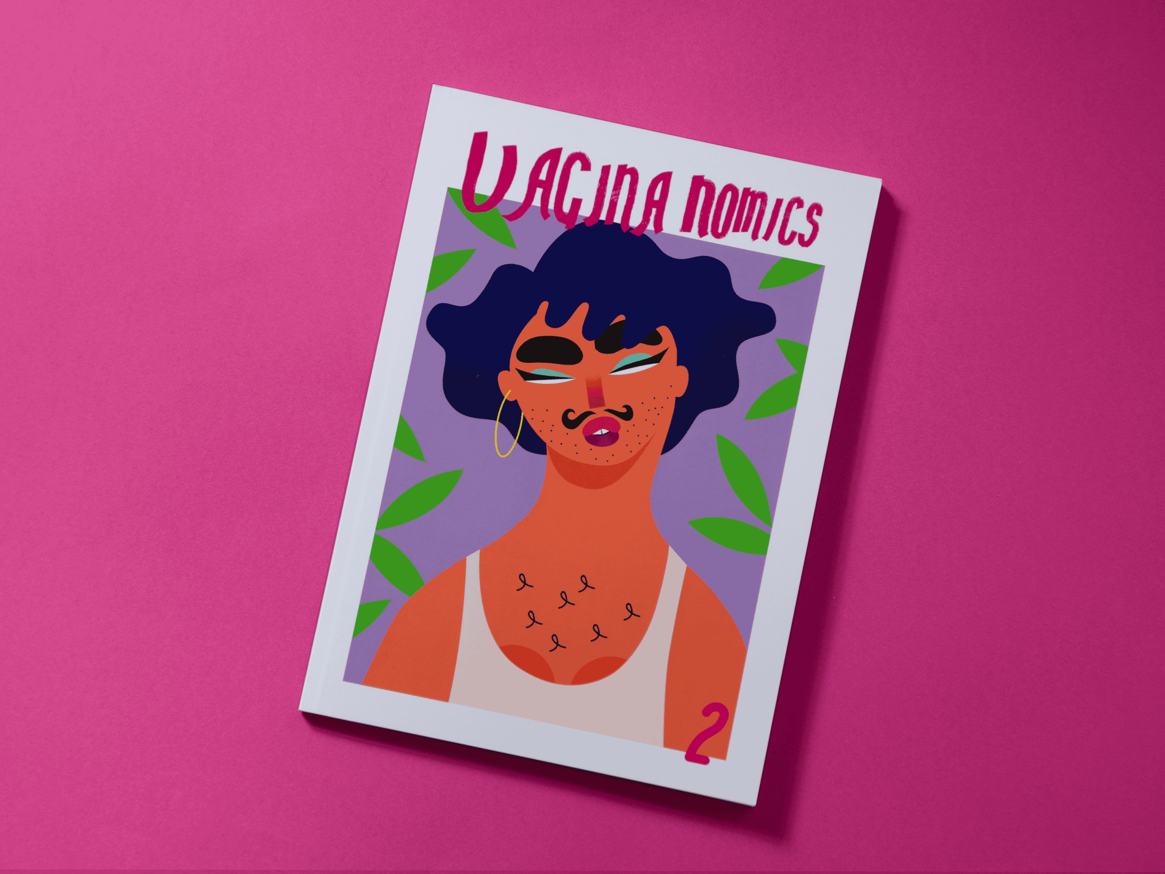 Vaginanomics magazine cover showing a blue-haired, bearded person in a white vest, with hoop earring, pink backdrop, leaves, sky.