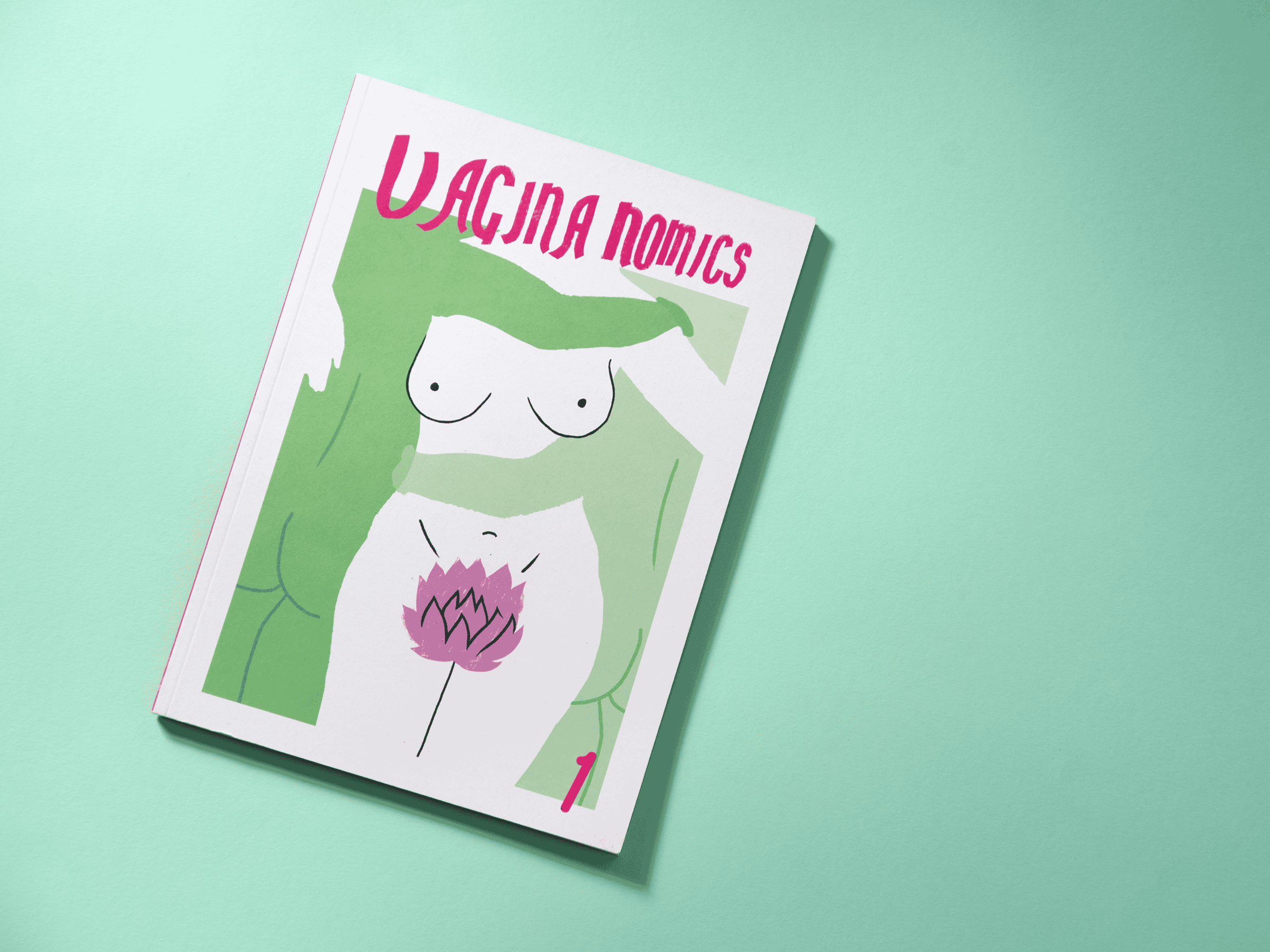 VAGINA NOMICS book with abstract nude torso and pink flower cover, on a mint green background, number 1 in bottom right corner.