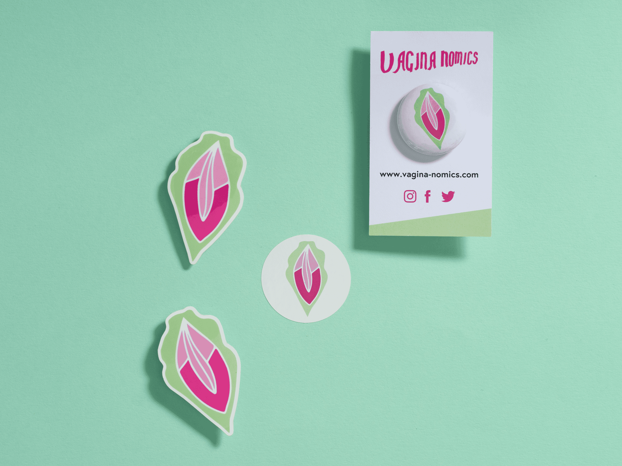 Stickers, a round badge, and a card reading VAGINA NOMICS with social icons, all showing an abstract pink-green vulva on light green.