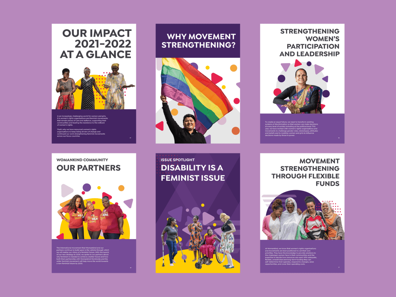 Six colourful posters on purple showcase women’s empowerment, LGBTQ+ rights, disability inclusion, partners, and flexible funding.