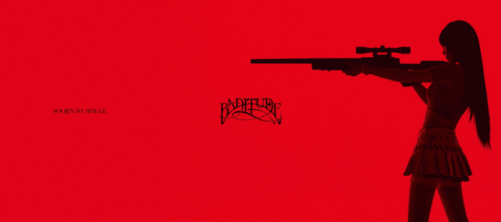 全紅背景，女生握狙擊槍的黑色剪影，是穗珍《BADITUDE》單曲的宣傳照