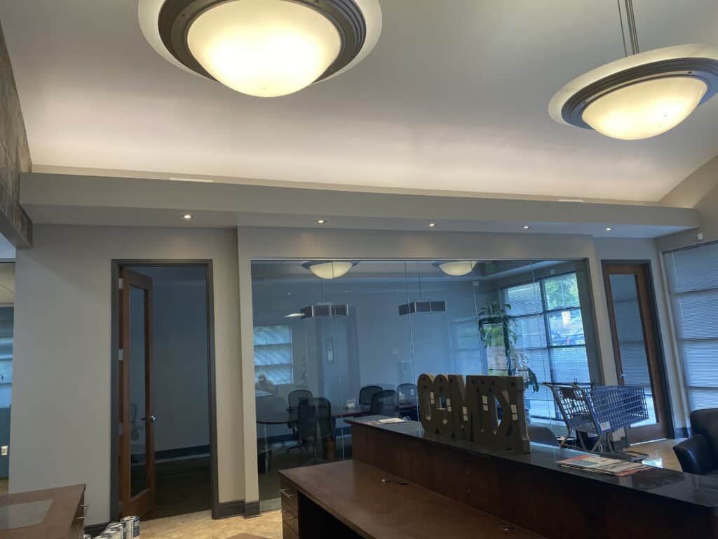 Completed private office with window millwork and finished interior tenant improvement Kemco office build-out Dunwoody GA