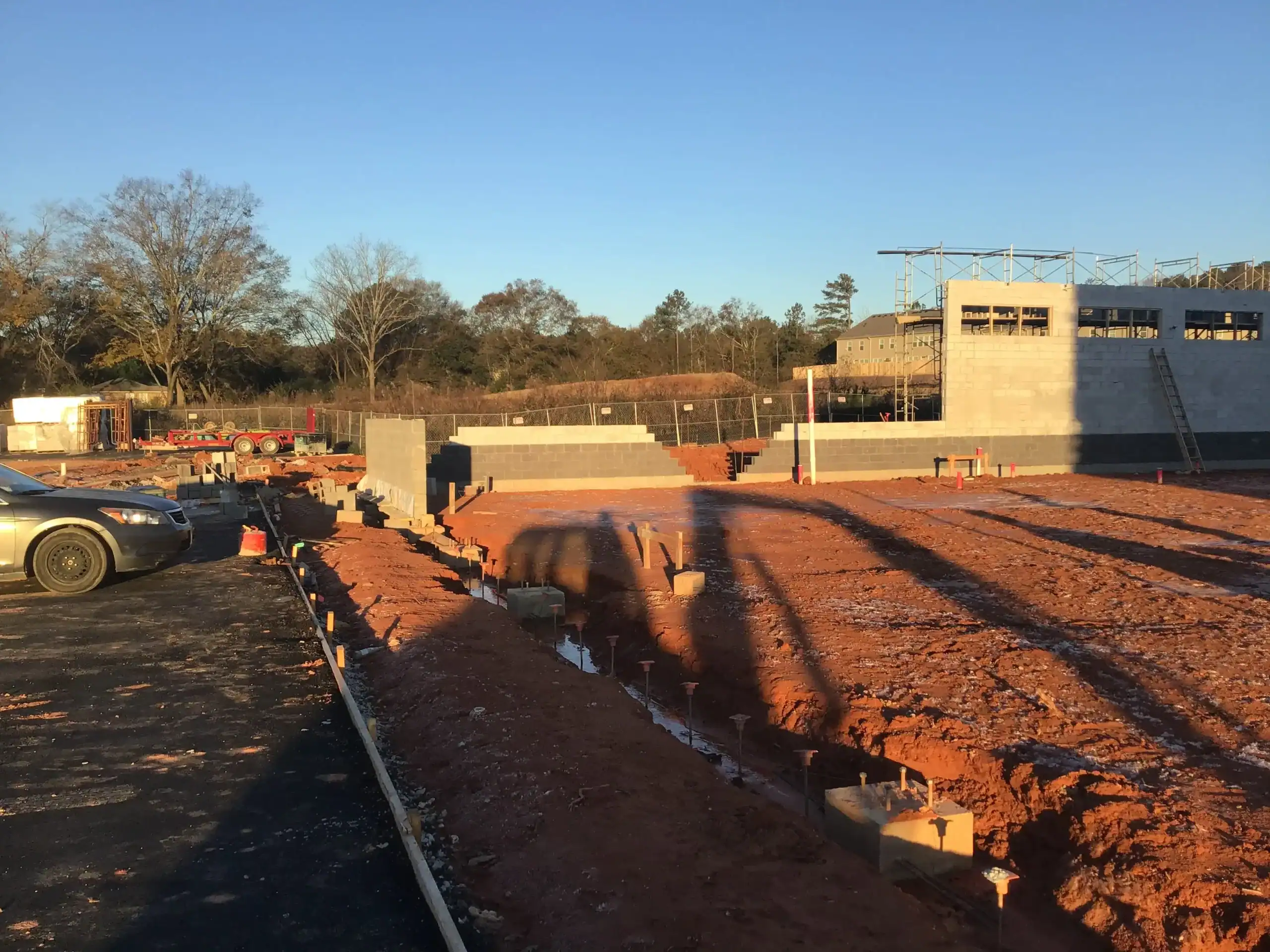 Lidl supermarket Decatur GA — CMU masonry block wall construction during ground-up commercial construction by Modern Day Commodities