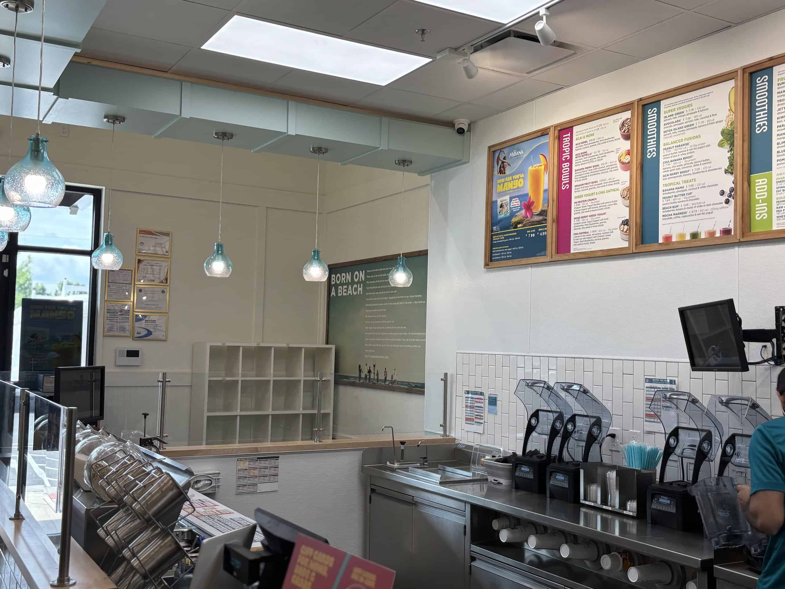 Tropical Smoothie Cafe Covington GA — finished cafe interior during restaurant build-out by Modern Day Commodities