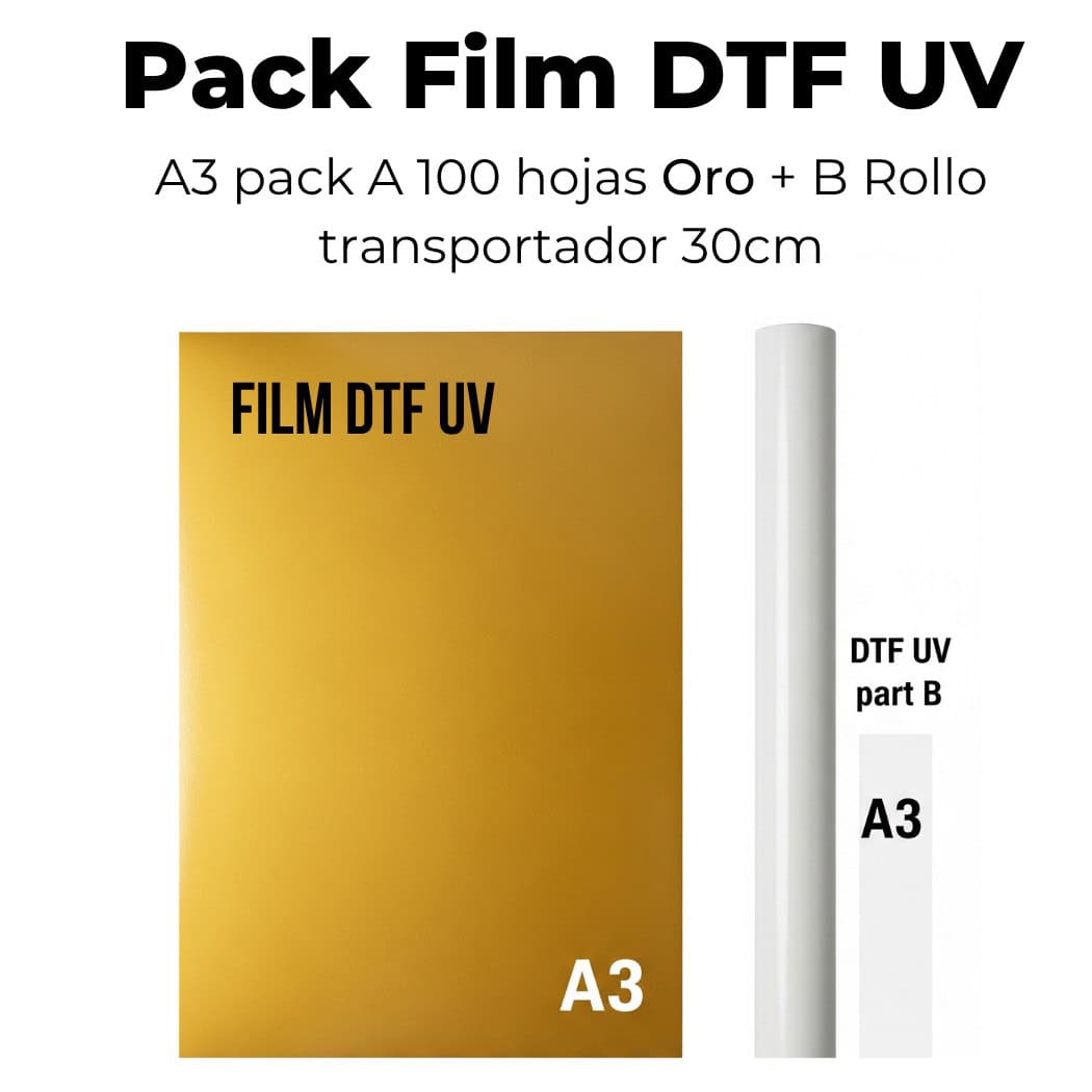 Pack DTF UV acabado oro.