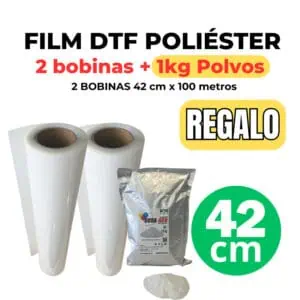 Film DTF Poliéster - Pack 2 Bobinas 42 cm x 100 metros + Regalo 1Kg Polvos
