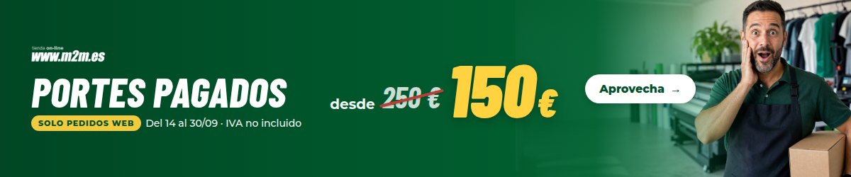 Portes pagados desde 150 € (antes 250 €) solo en pedidos web de www.m2m.es. Del 14 al 30 de septiembre. IVA no incluido.