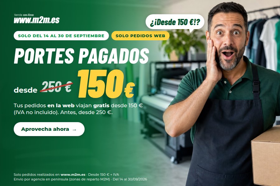 Portes pagados desde 150 € (antes 250 €) solo en pedidos web de www.m2m.es. Del 14 al 30 de septiembre. IVA no incluido.