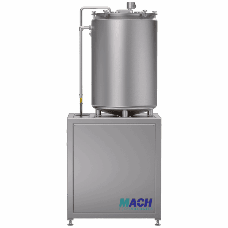 Stainless steel industrial mixing tank with control panel for manufacturing processes.