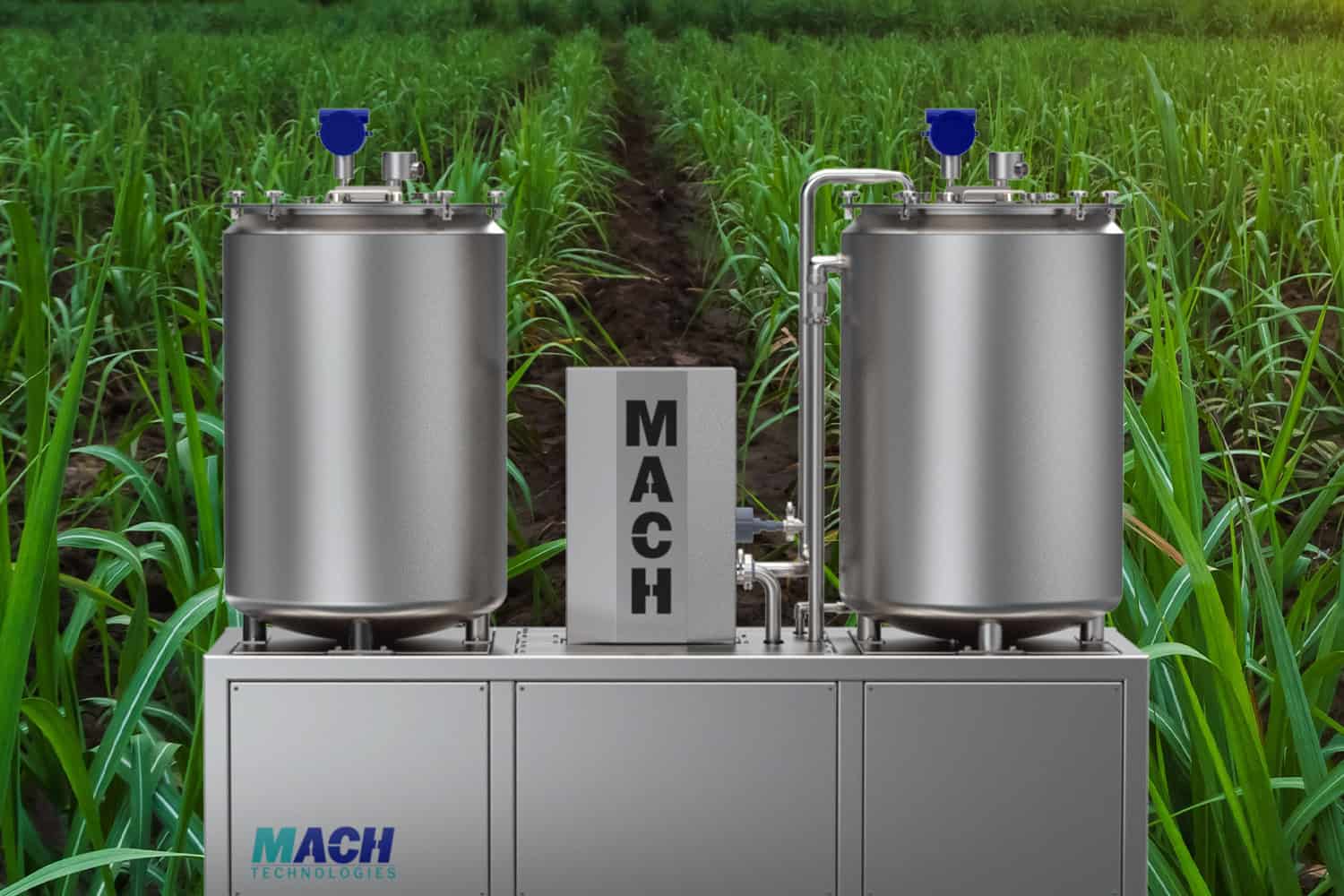 High-capacity water purification system installed in lush green crop field for agricultural irrigation.