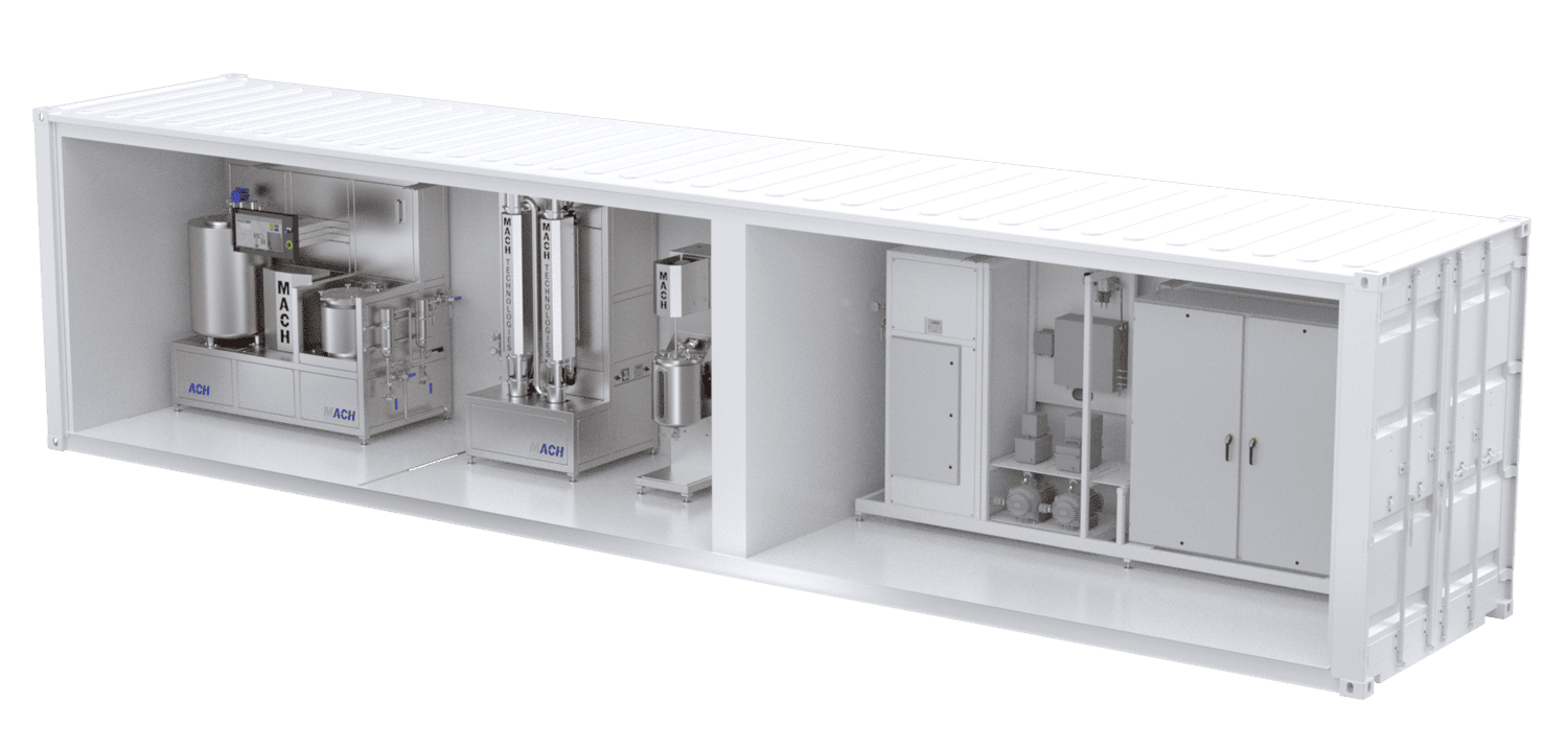 Advanced hydrogen fuel cell testing equipment inside a shipping container.