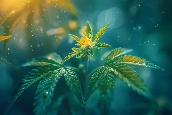 Vibrant cannabis plant with yellow flowers and lush green leaves in natural light.