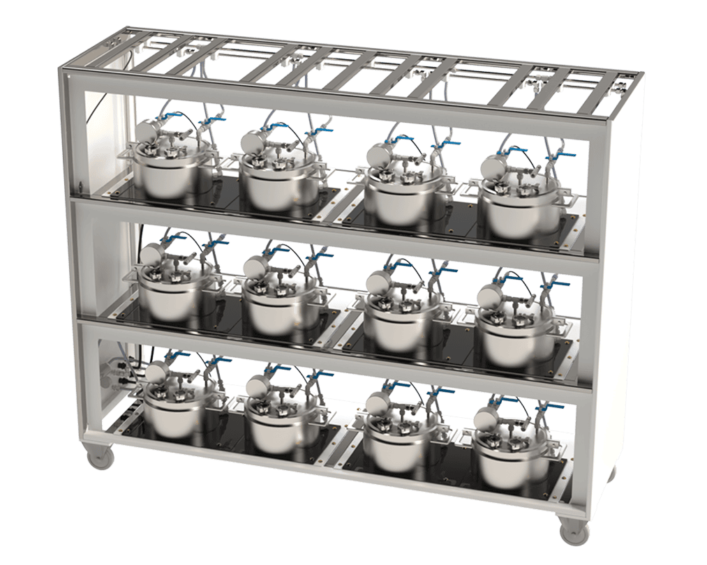 Stainless steel laboratory reactor system for industrial chemical processing and manufacturing.