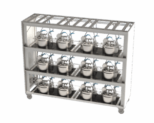 Stainless steel lab reactor racks for industrial chemical processing and manufacturing.