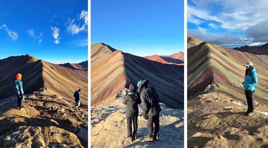 Travelers exploring Rainbow Mountain in Peru with vibrant, colorful slopes and scenic mountain views.
