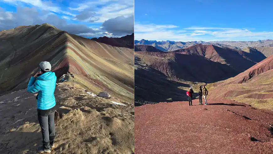 Vibrant Rainbow Mountain landscape in Peru featuring hikers exploring the scenic mountain range.