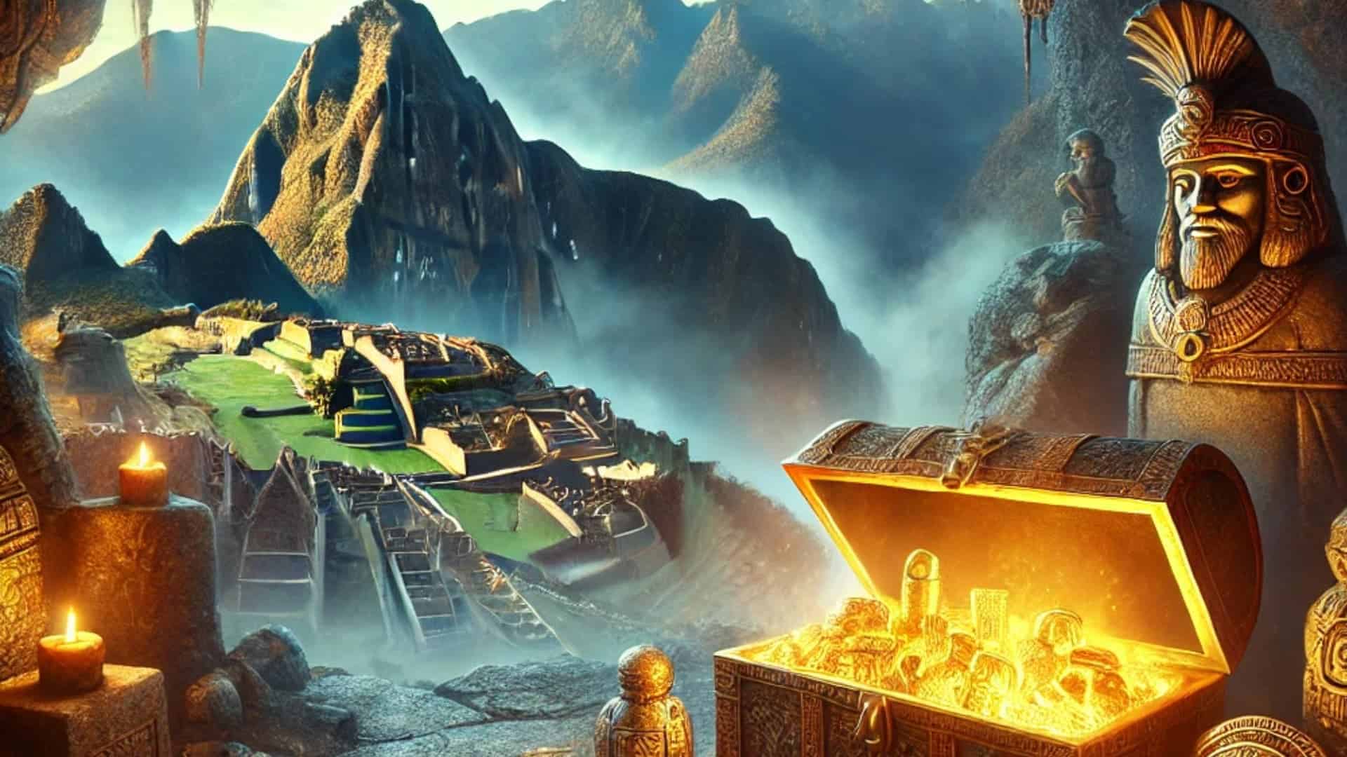 A mystical cave overlooking Machu Picchu, filled with golden Inca treasures, statues, and ancient artifacts glowing in the light.