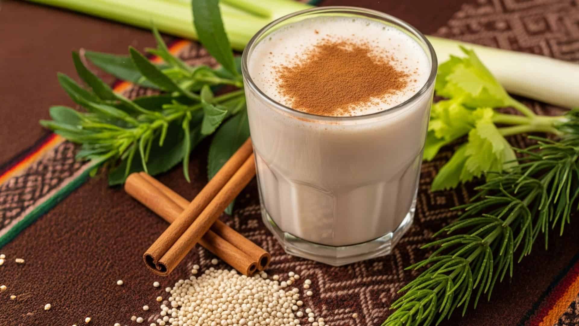 Refreshing Chicha de Jora, a traditional Peruvian fermented corn beverage with herbs and spices.