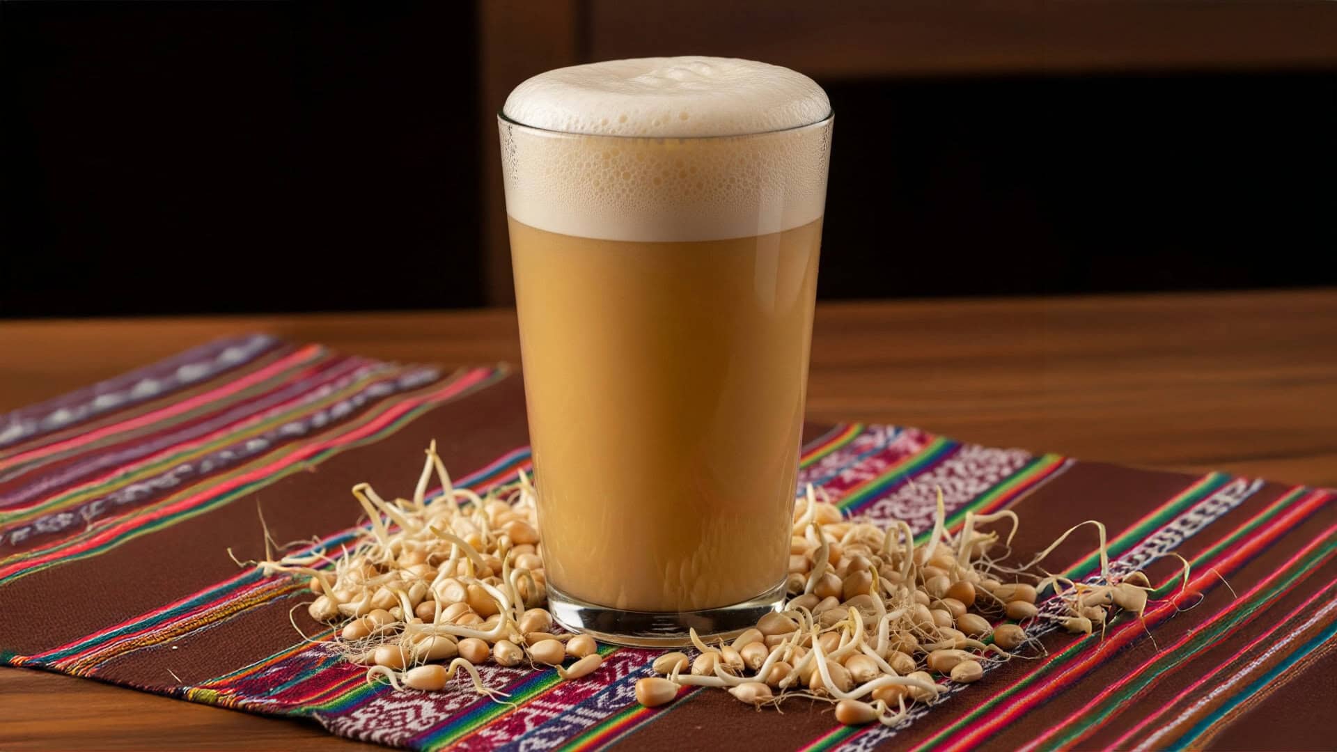 Traditional Peruvian Chicha de Jora served in a glass with barley grains around.