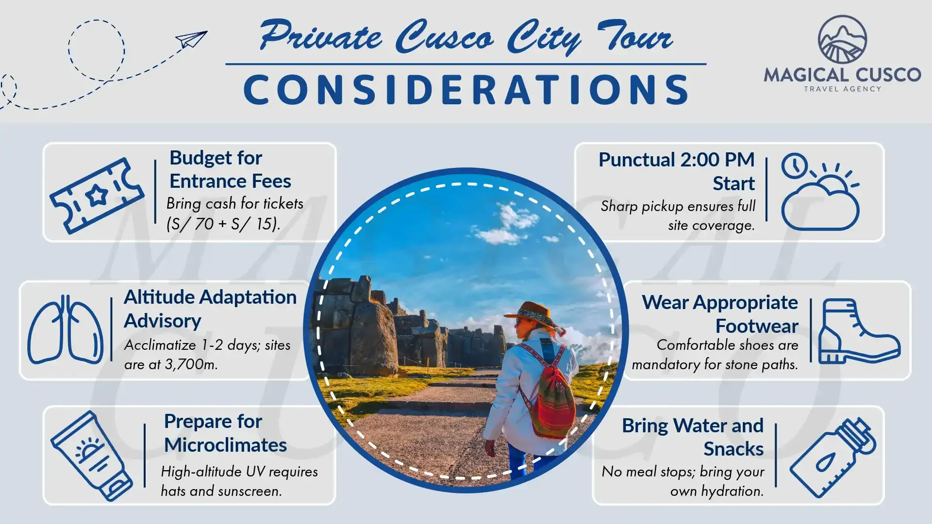 Cusco city tour considerations including budget, punctuality, footwear, altitude, and water.