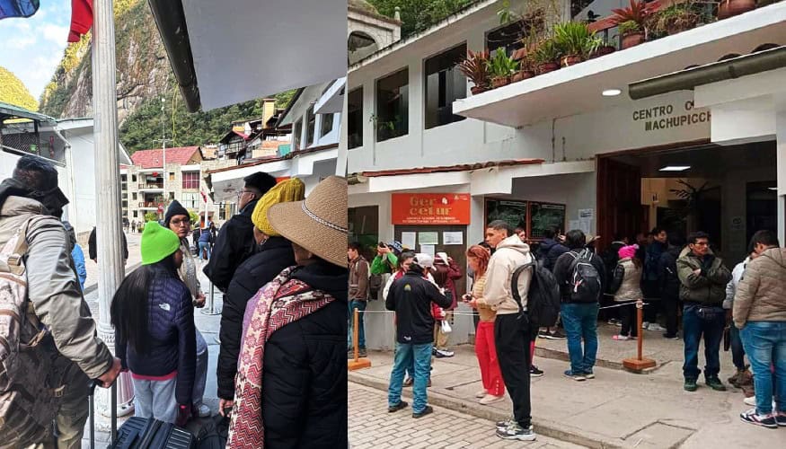 Cusco travel agency queue with tourists waiting for tours and travel services in Peru.