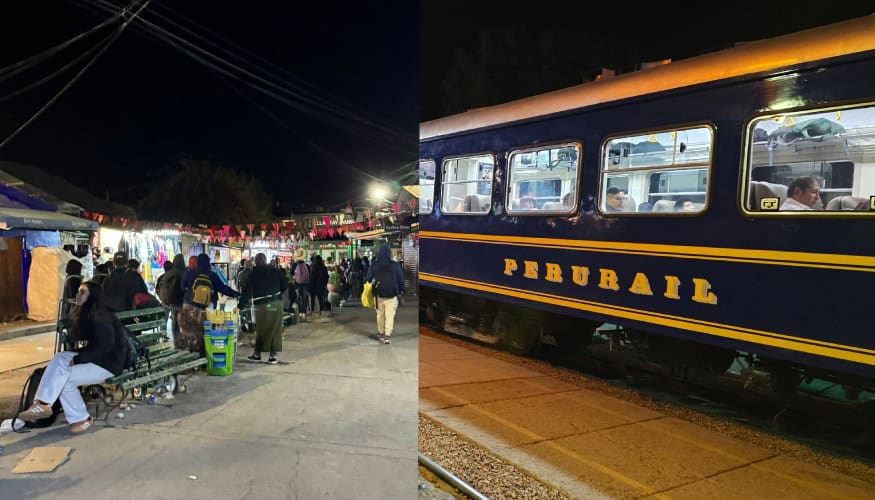 Night market scene with local vendors and shoppers, alongside a Perurail train at night in Cusco, Pe.