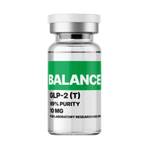 A clear glass vial labeled Balance GLP-2 (T) with 99% purity, 10 mg, designed for laboratory research use only, featuring a green and white label.