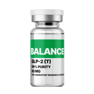 Amino Pharm Balance GLP-2 supplement bottle with 99% purity, 30 mg for laboratory research, featuring a green and white label and silver cap.