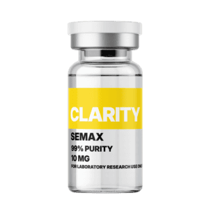 Clarity Semax 10mg vial with yellow and white label, used for laboratory research, emphasizing purity and effectiveness in nootropic and cognitive enhancement studies.
