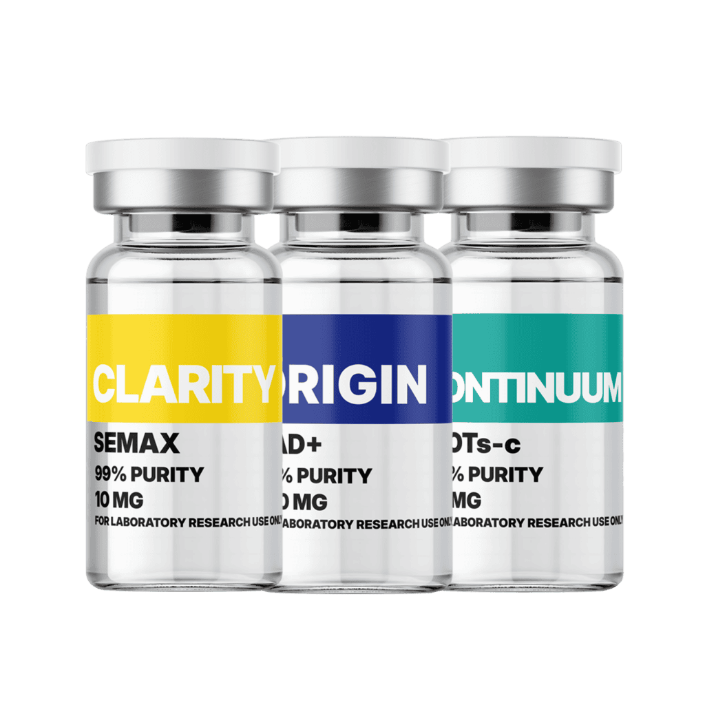 Three bottles of Amino Pharm supplements with labels Clarity, Origin, and Continuum, showcasing purity and quality for health and wellness.