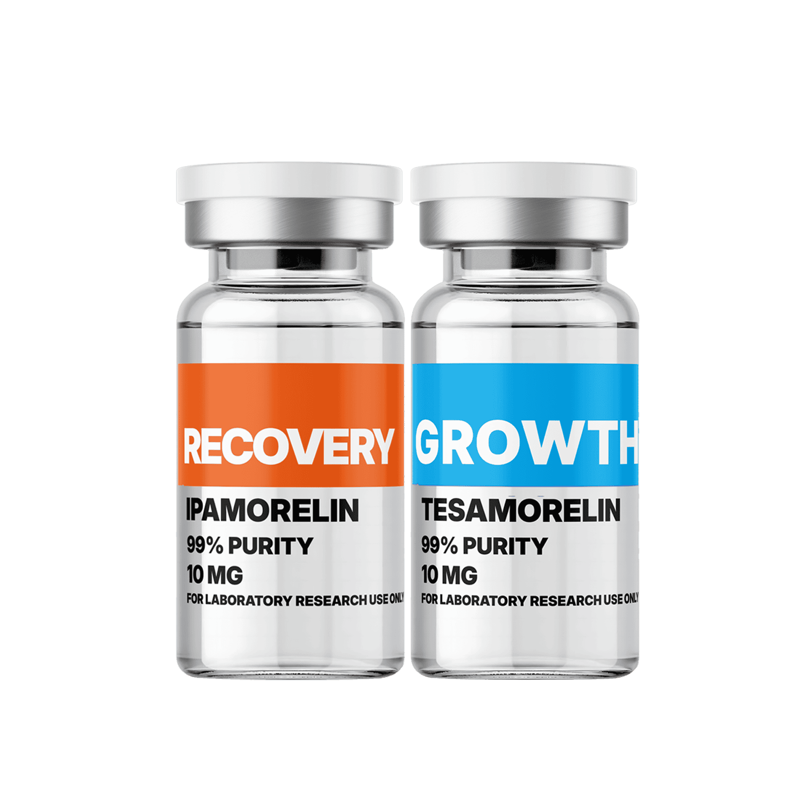 Two bottles of Amino Pharm supplements labeled Recovery and Growth, containing 99% pure IPAMORELIN and TESAMORELIN, 10 mg each, for laboratory research use only.